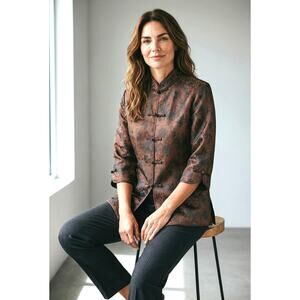 Vintage Silk Mandarin Collar Jacket Brown Black Frog Closure Asian Style MED EUC